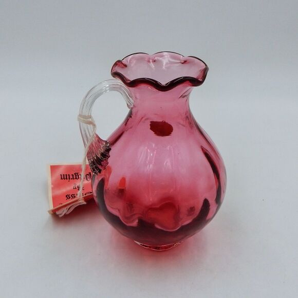 Pilgrim Glass Handblown Cranberry Vase Pitcher Optic Clear Handle 4.5 In Tag - Picture 3 of 10